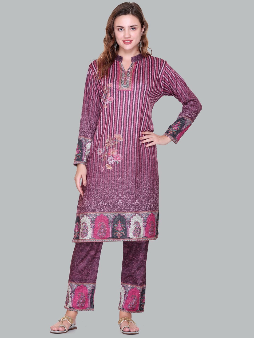 

Melvin Floral Printed Mandarin Collar Straight Kurta with Trousers & Dupatta, Purple