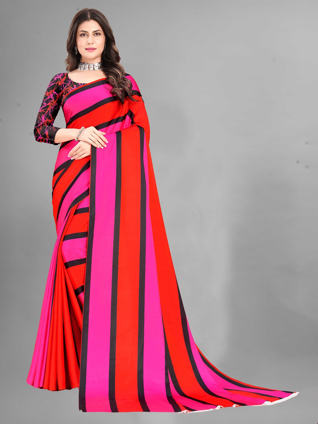 

V3 FASHION STUDIO Ethnic Motifs Printed Satin Saree, Red