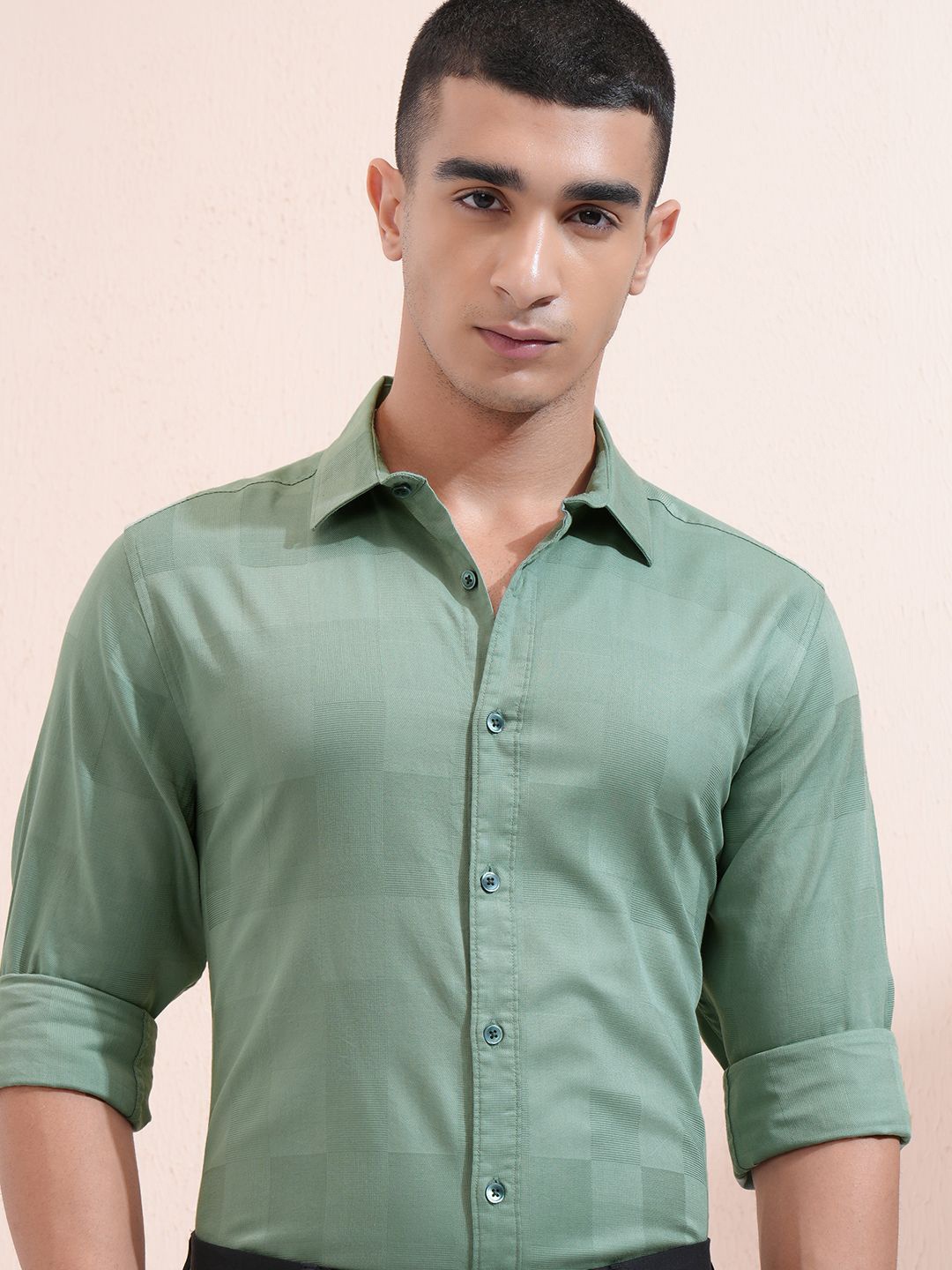 

Highlander Men Dobby Textured Solid Occasion Shirt, Green