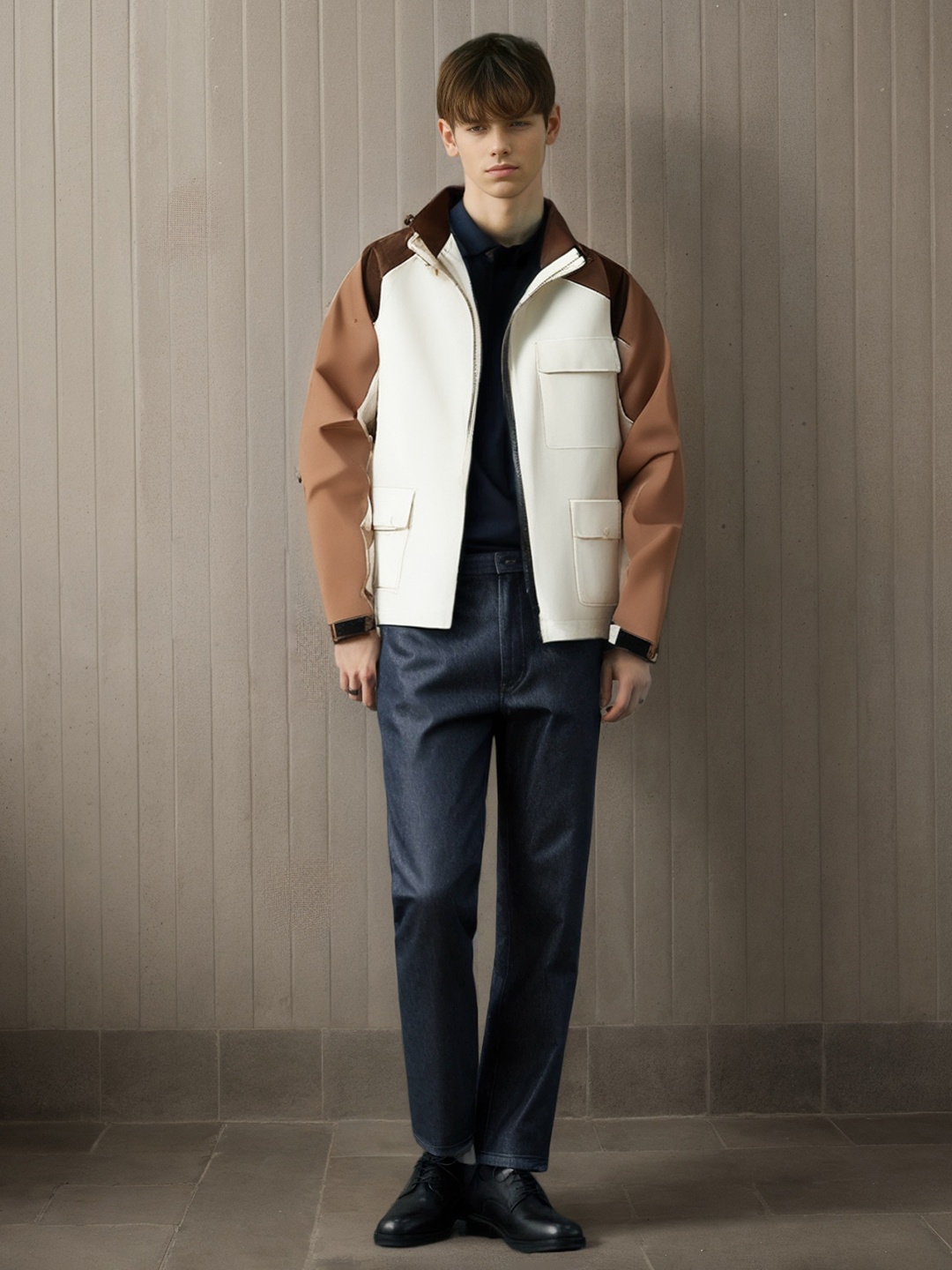 

StyleCast x Revolte Men Hooded Colourblocked Casual Bomber Jacket, Off white