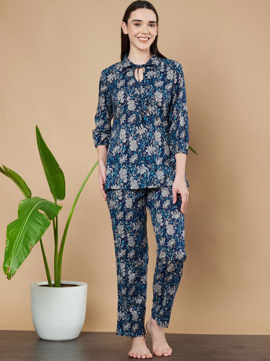 

ETC Women Printed Shirt Collar Pure Cotton Night suit, Blue