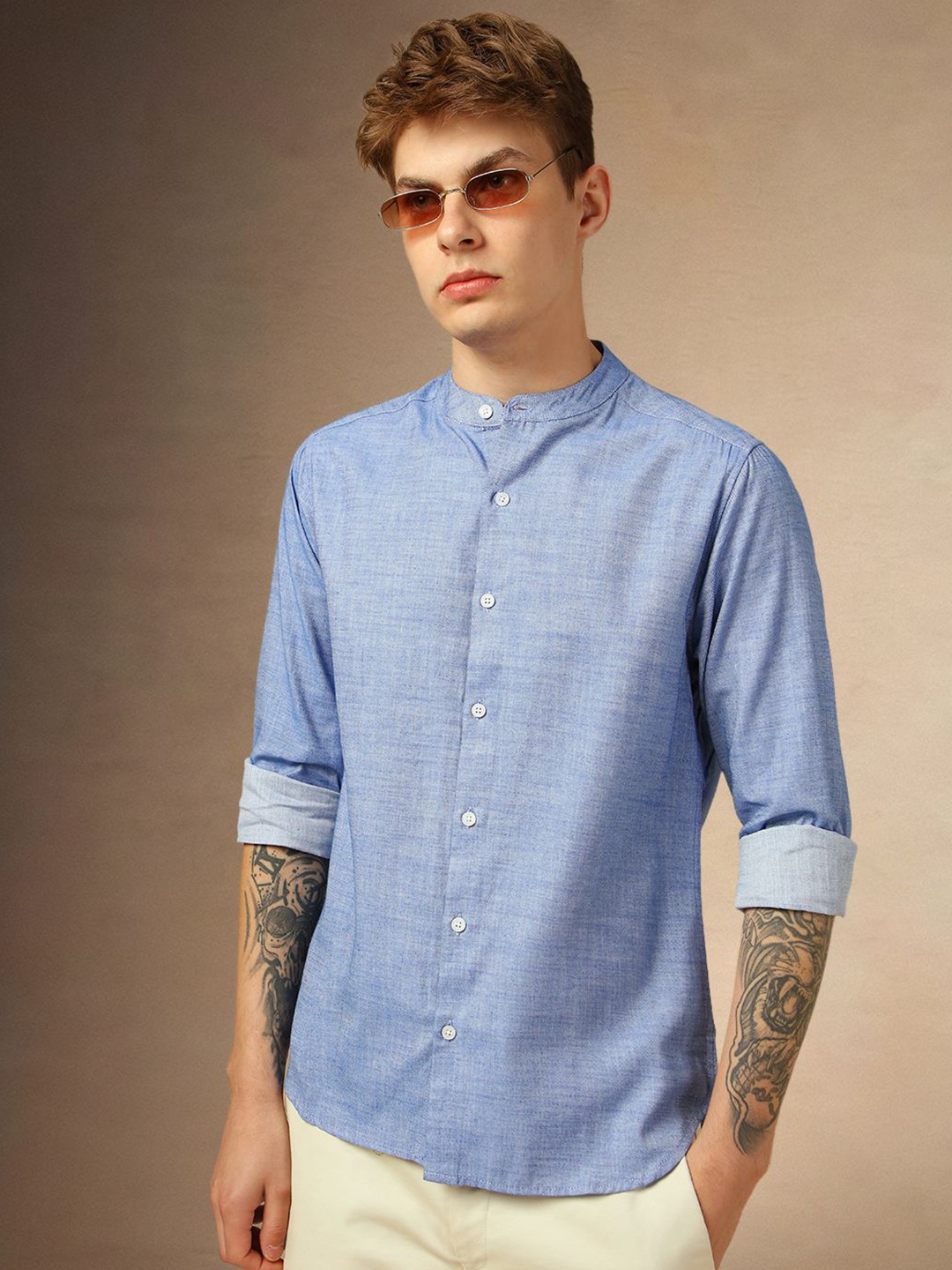 

Dennis Lingo Classic Slim Fit Band Collar Pure Cotton Casual Shirt, Blue