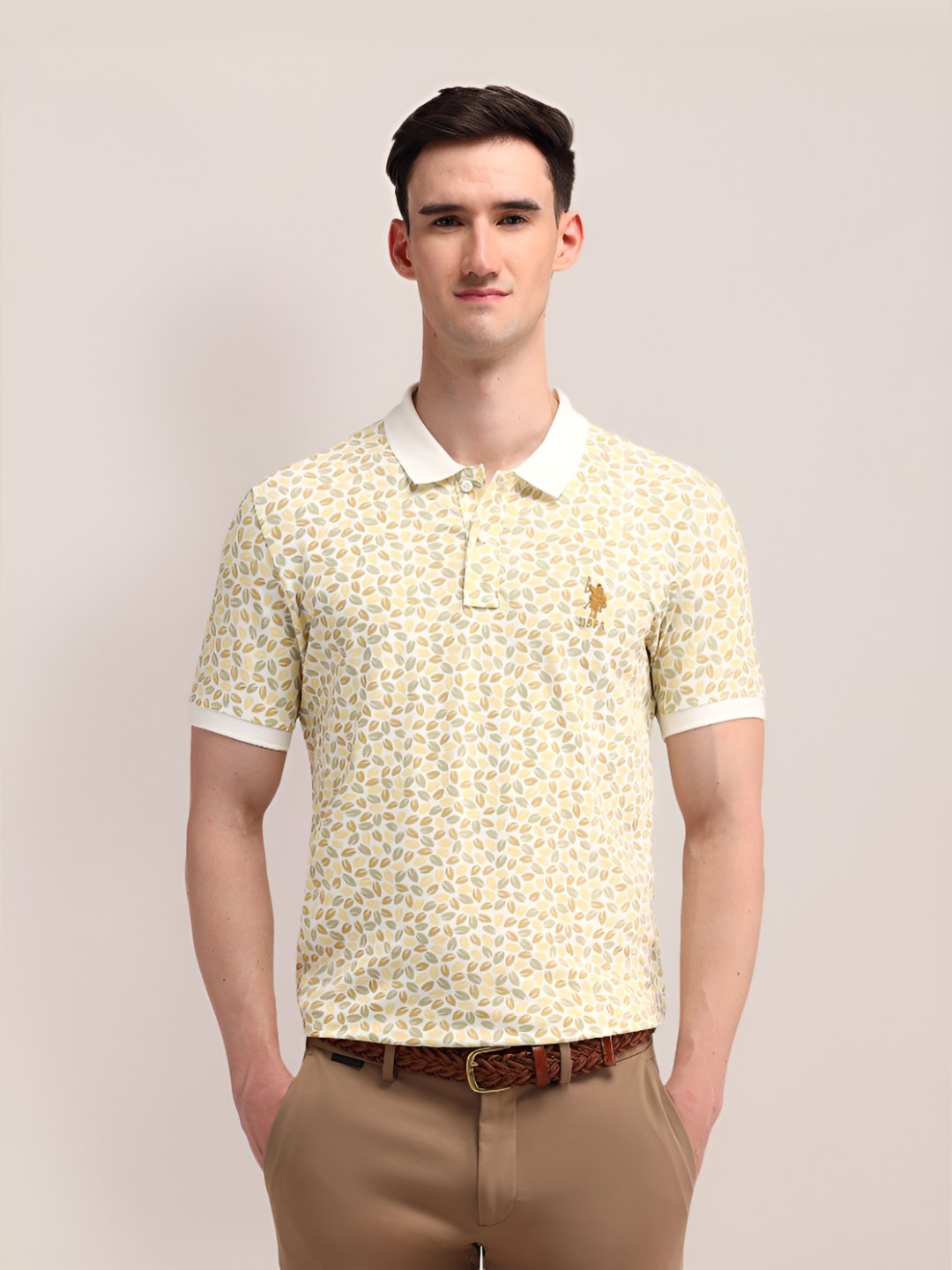 

U.S. Polo Assn. Men Floral Printed Polo Collar Cotton Slim Fit T-shirt, Yellow