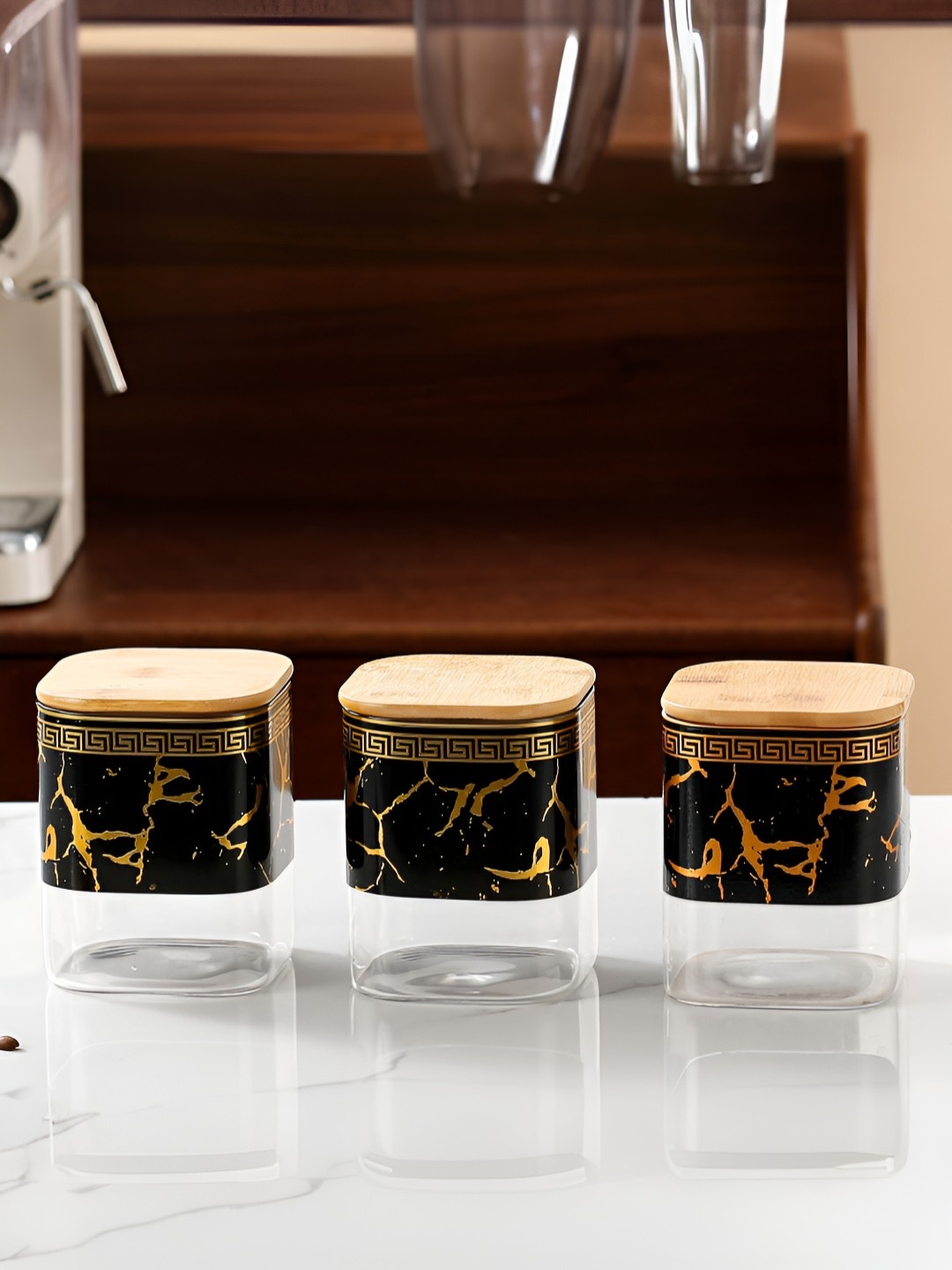 

UMAI Black & Gold Toned 3 Pieces Printed Ceramic Canister Container 400ml