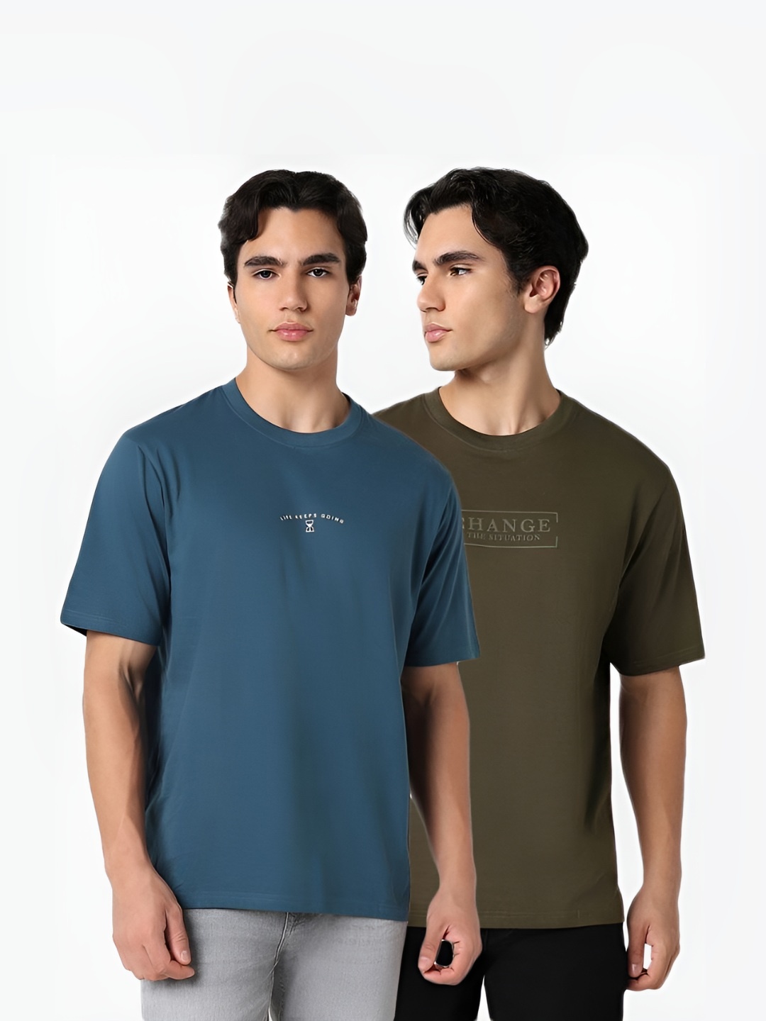 

R&B Men Pack Of 2 Typography Printed Round Neck Cotton T-shirts, Olive
