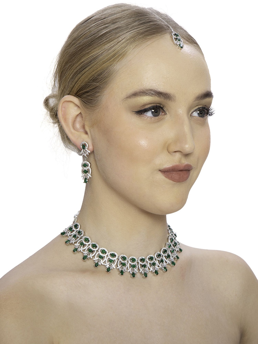 

Ladymania Silver-Plated AD-Studded Necklace and Earrings With Maang Tika