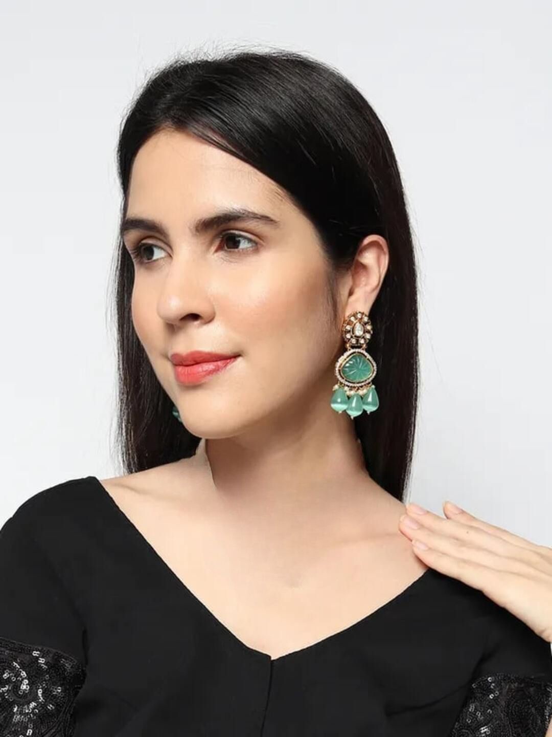

Runjhun Gold Plated Kundan Studded & Beaded Contemporary Drop Earrings