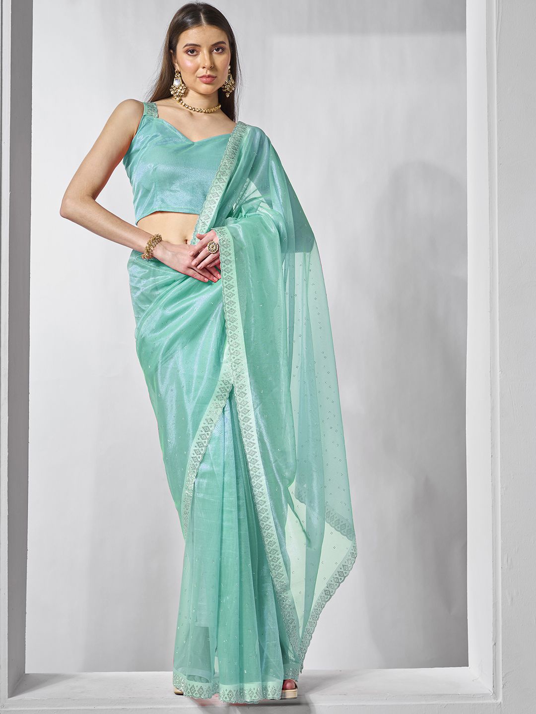 

Mitera Embellished Beads and Stones Organza Saree, Turquoise blue