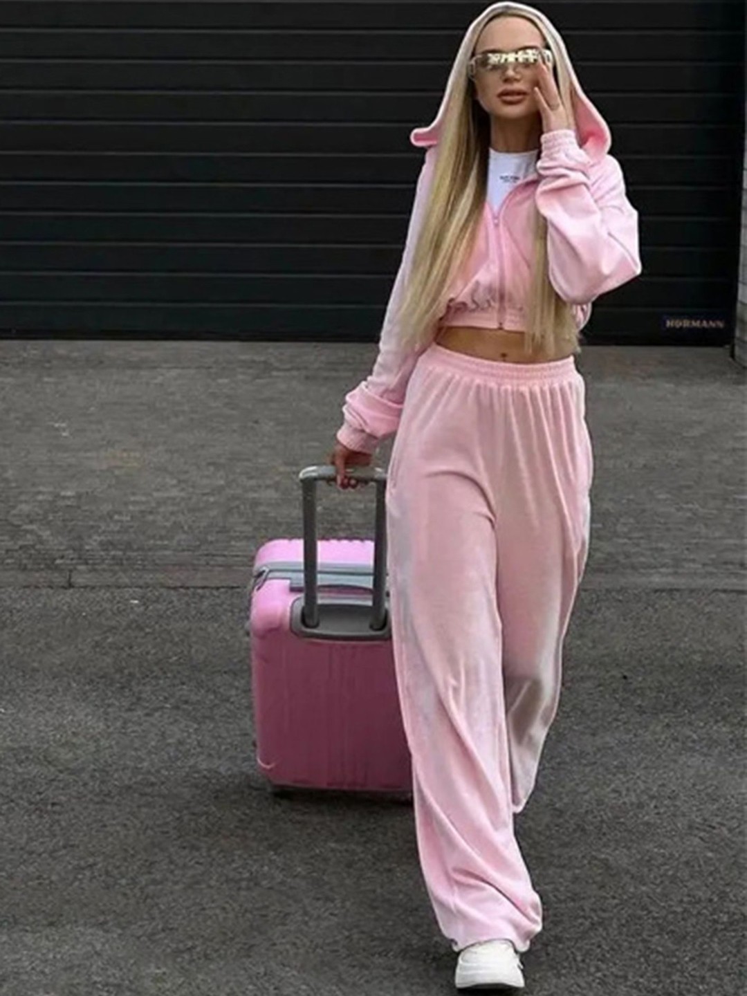 

LULU & SKY Hooded Neck Zipper Hoodie & Track Pant Co-Ords, Pink