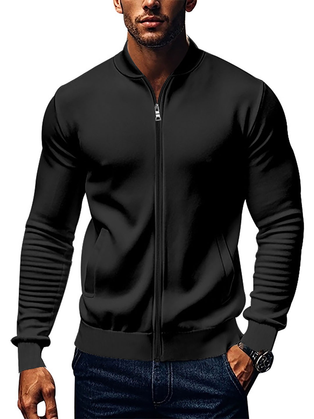 

StyleCast x Revolte Men Stand Collar Solid Casual Bomber Jacket, Black