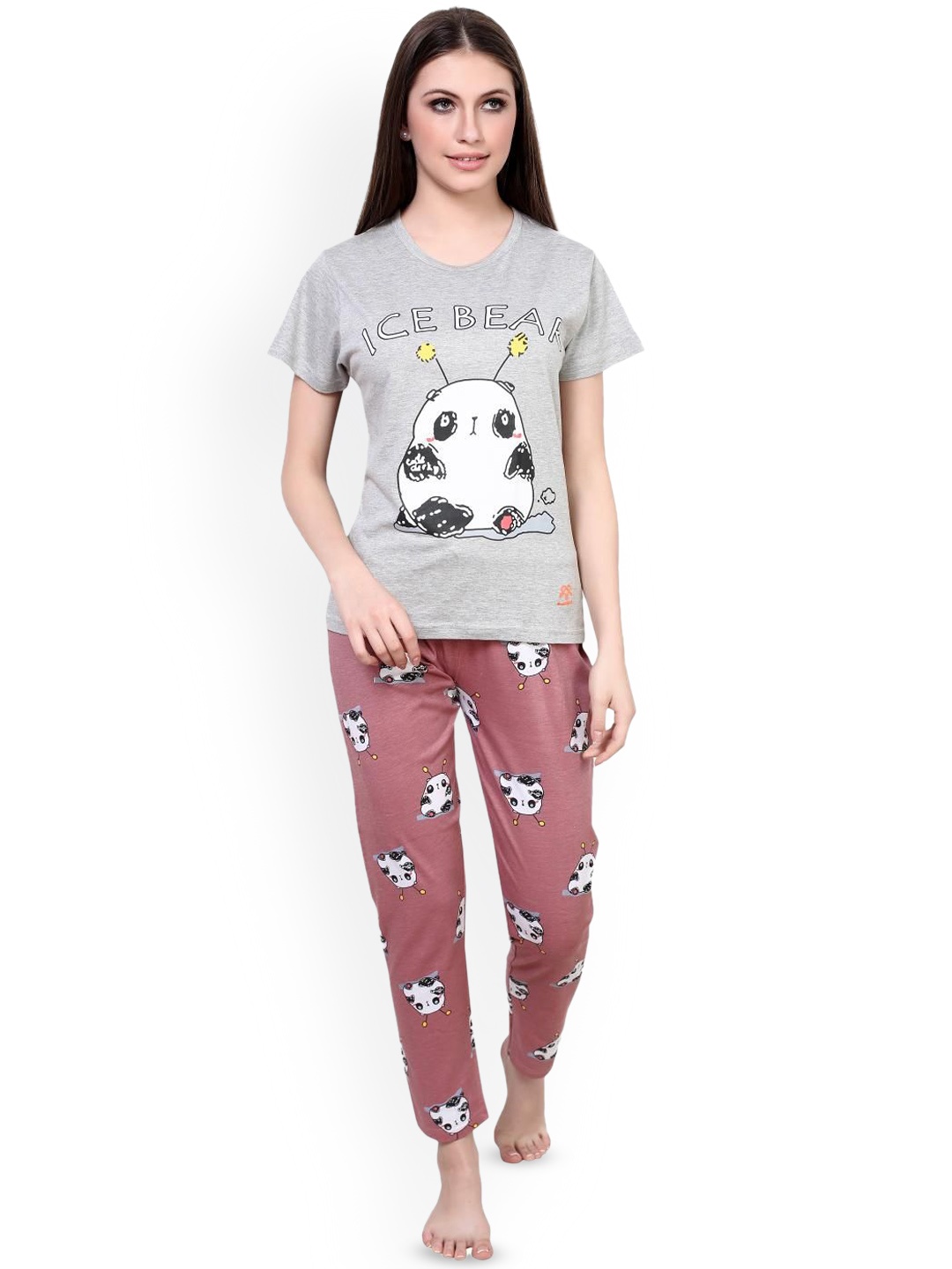 

evolove Women Pure Cotton Printed Night suit, Grey