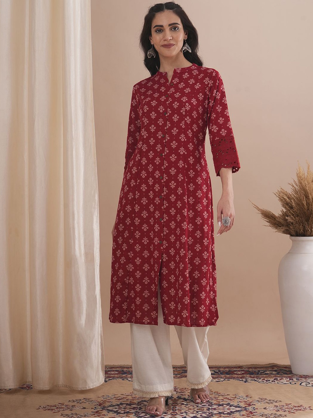 

FASHOR Floral Printed A-Line Pure Cotton Kurta, Red