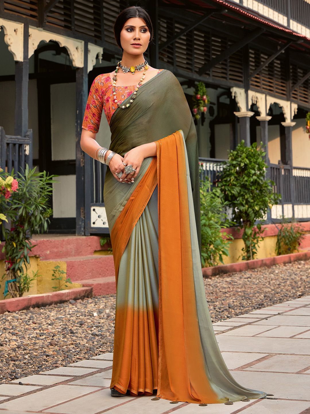 

Saree mall Ombre Sequinned Sarees, Sea green