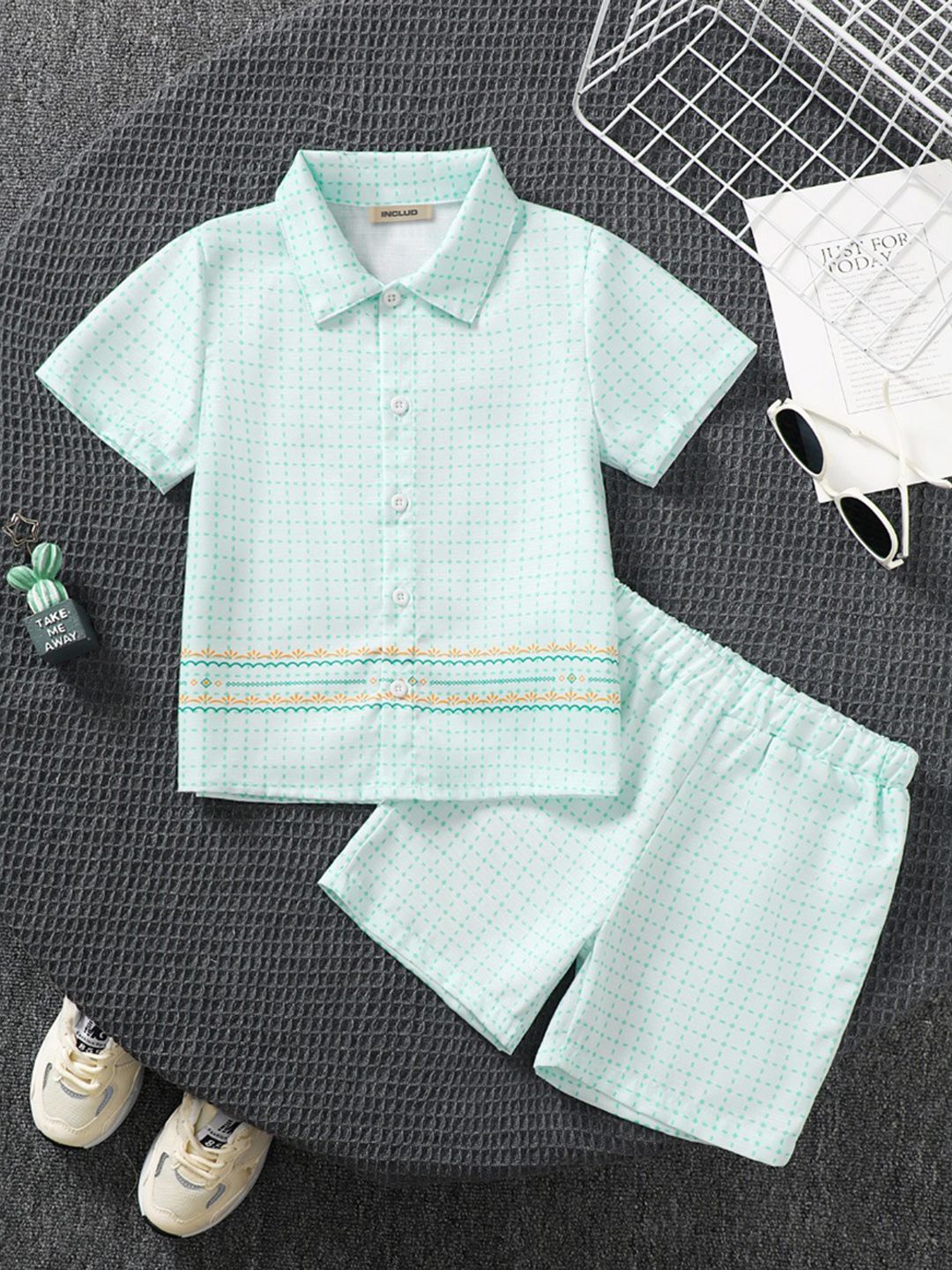 

INCLUD Girls Checked Shirt With Shorts, Green
