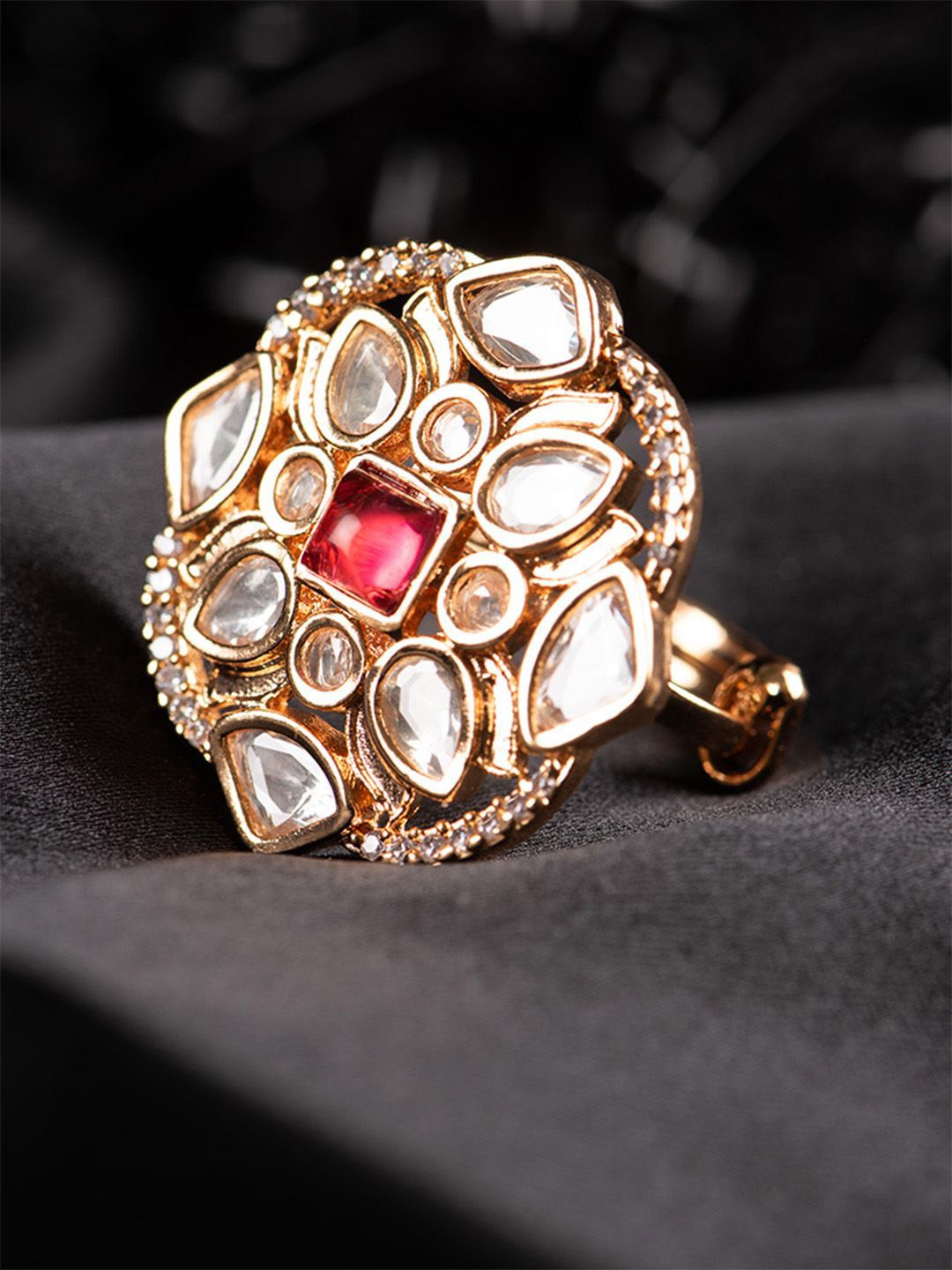 

SHARLEEZ Gold-Plated Kundan Studded Finger Ring, Red