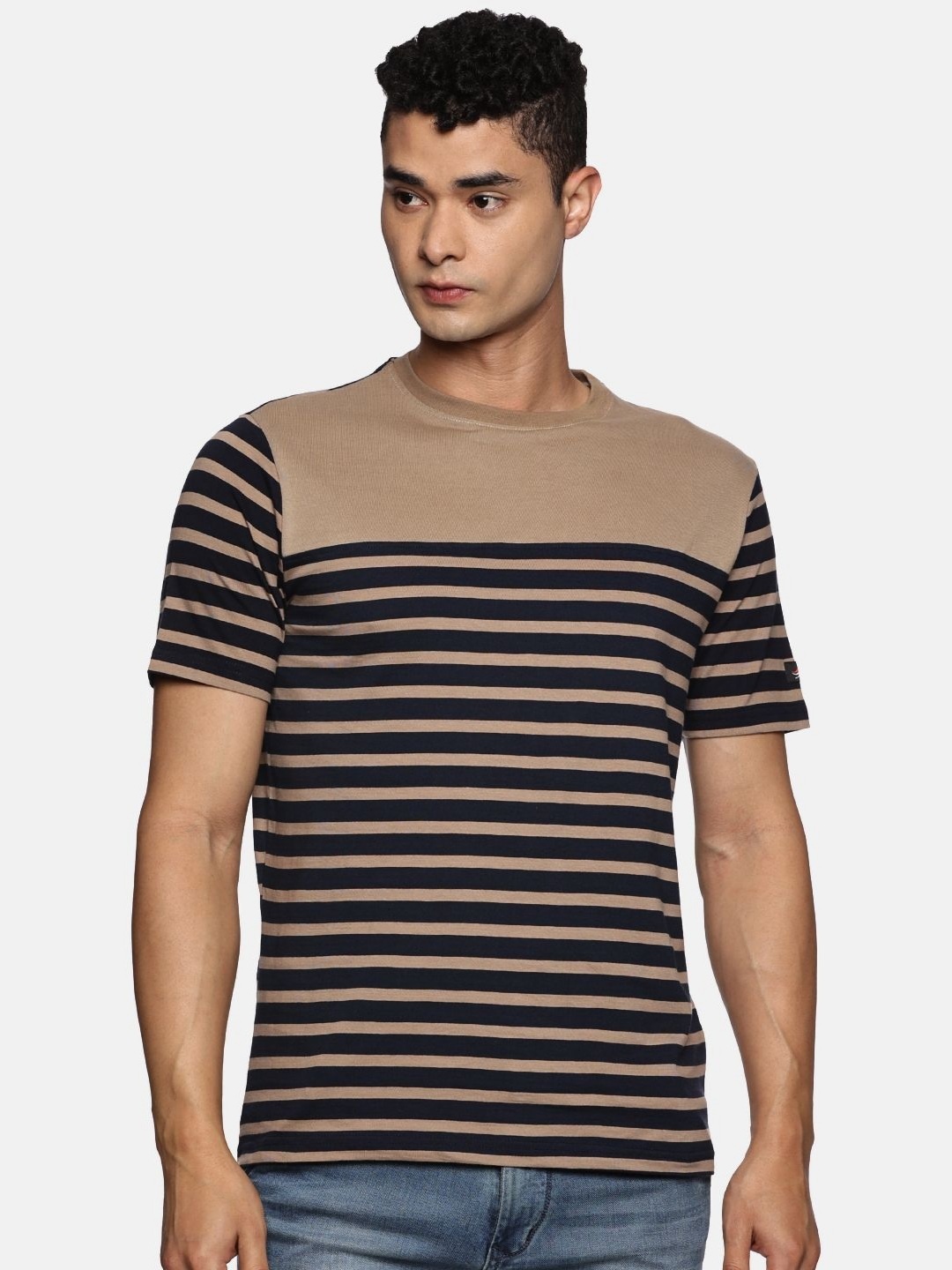

ABLING Men Bio Finish Striped Round Neck Pure Cotton T-shirt, Beige