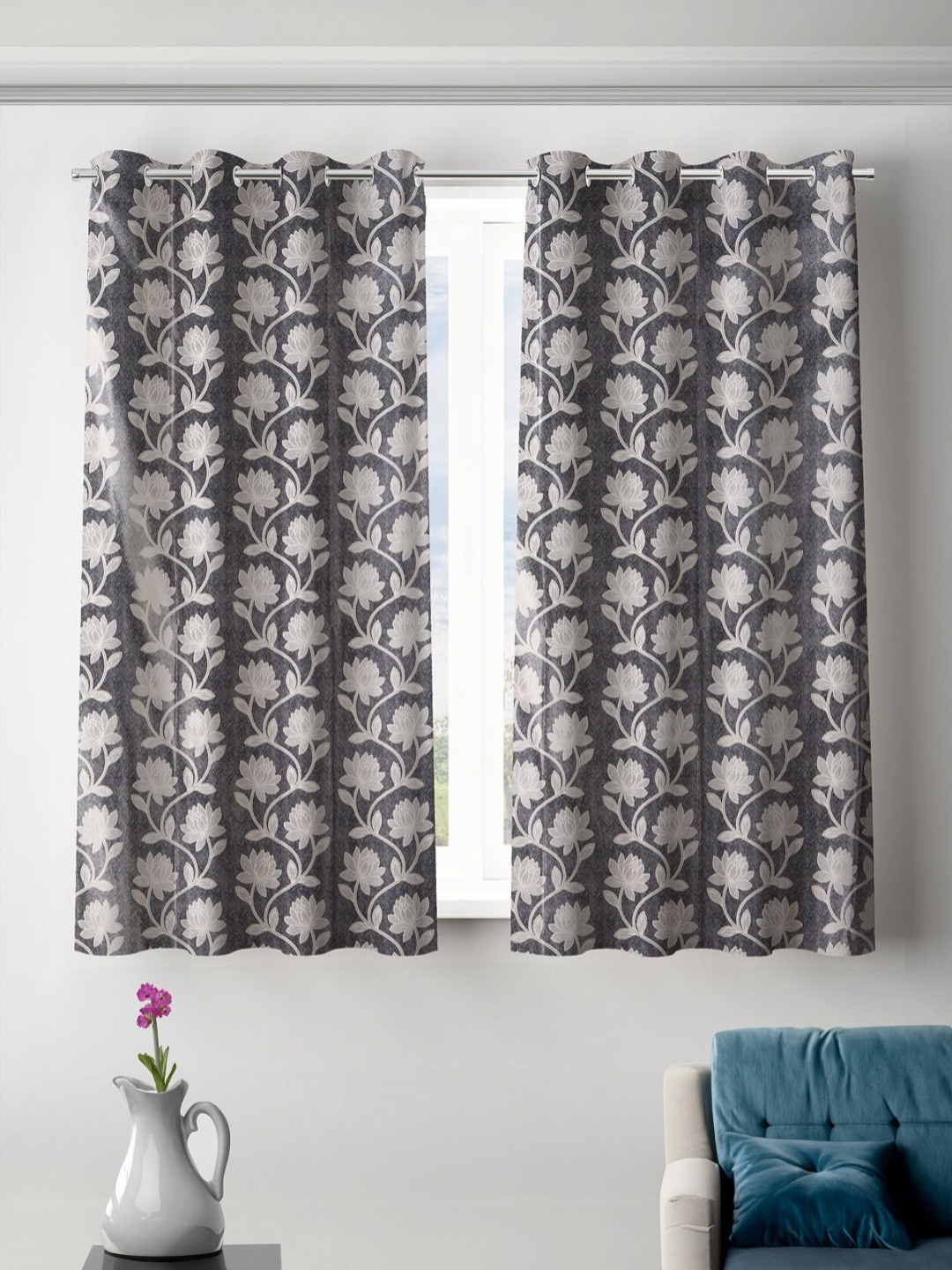 

Myntra Elegant Homes Grey & White 2 Pieces Floral Printed Room Darkening Window Curtains