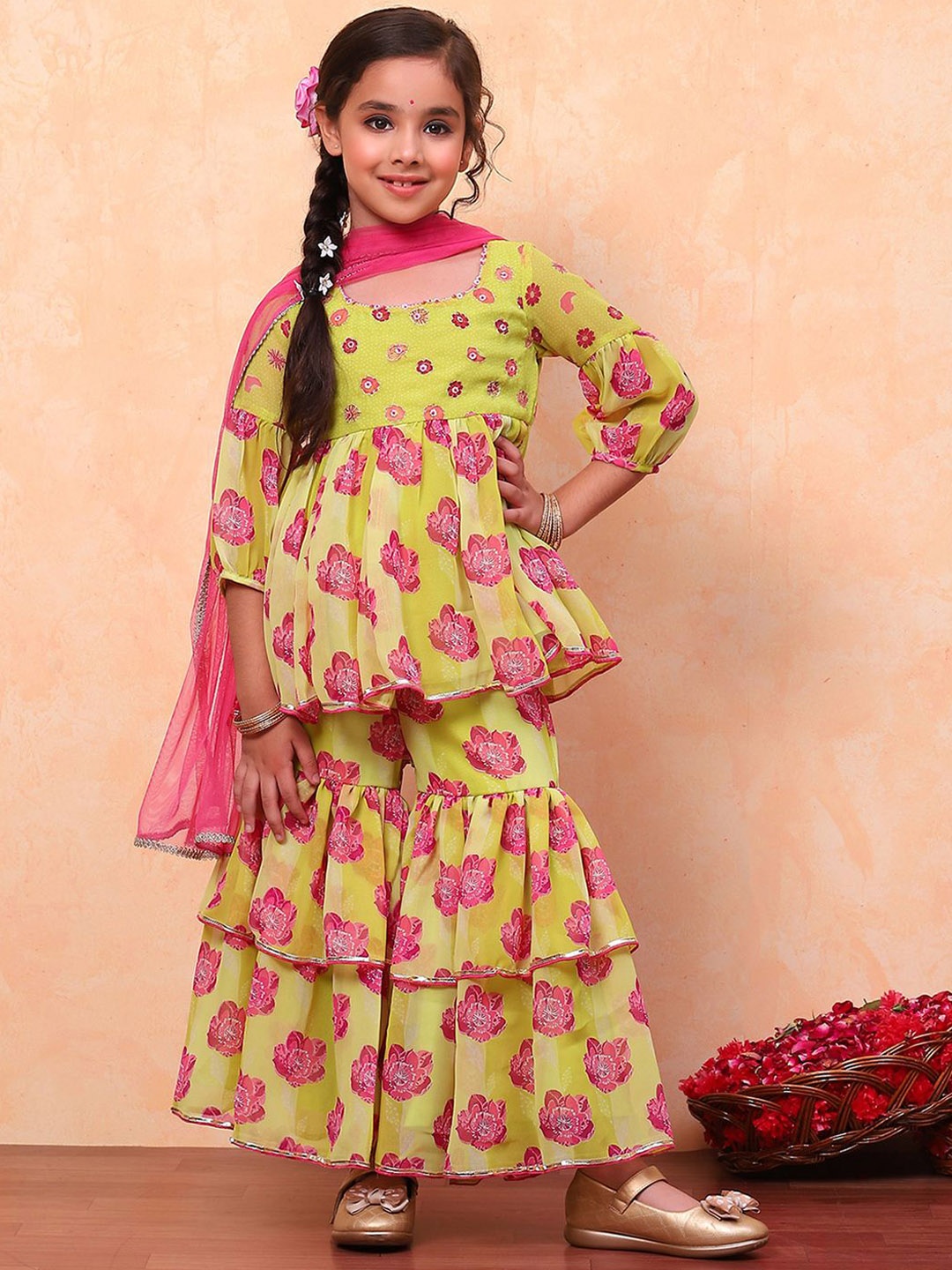 

Biba Girls Floral Printed Round Neck Anarkali Kurta with Sharara & Dupatta, Green