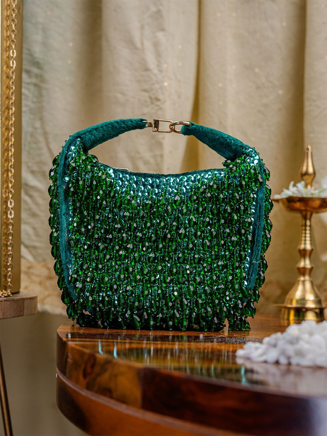 

NR By Nidhi Rathi Embroidered Embellished Half Moon Clutch, Green