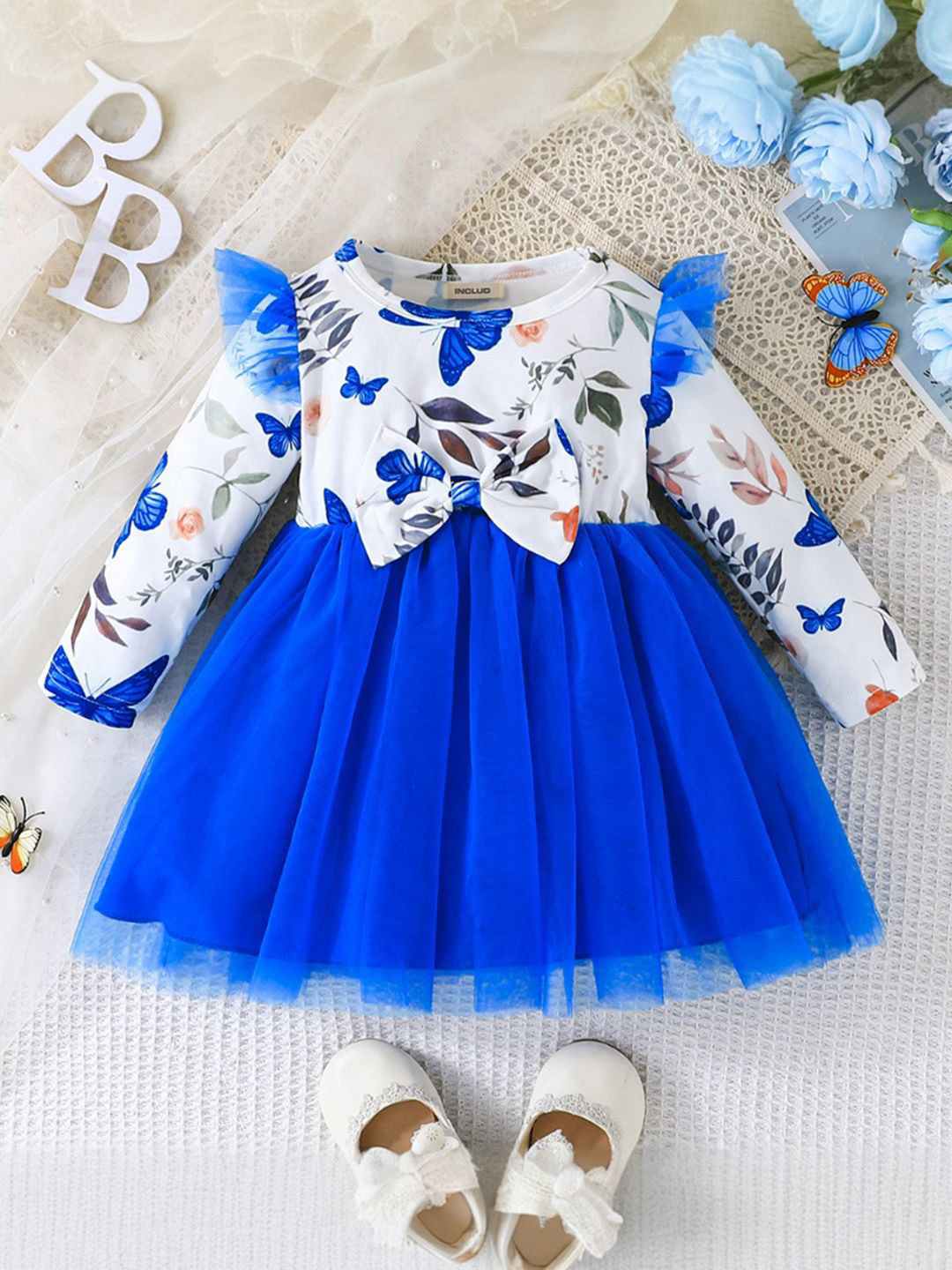 

INCLUD Girls Printed Fit & Flare Dress, Blue