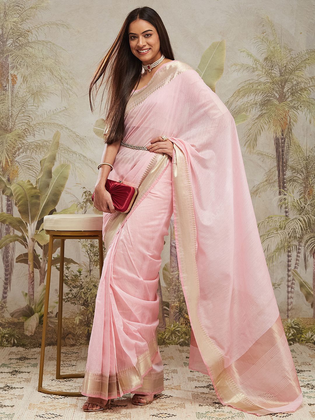 

RACHNA Zari Ready to Wear Chanderi Saree, Pink