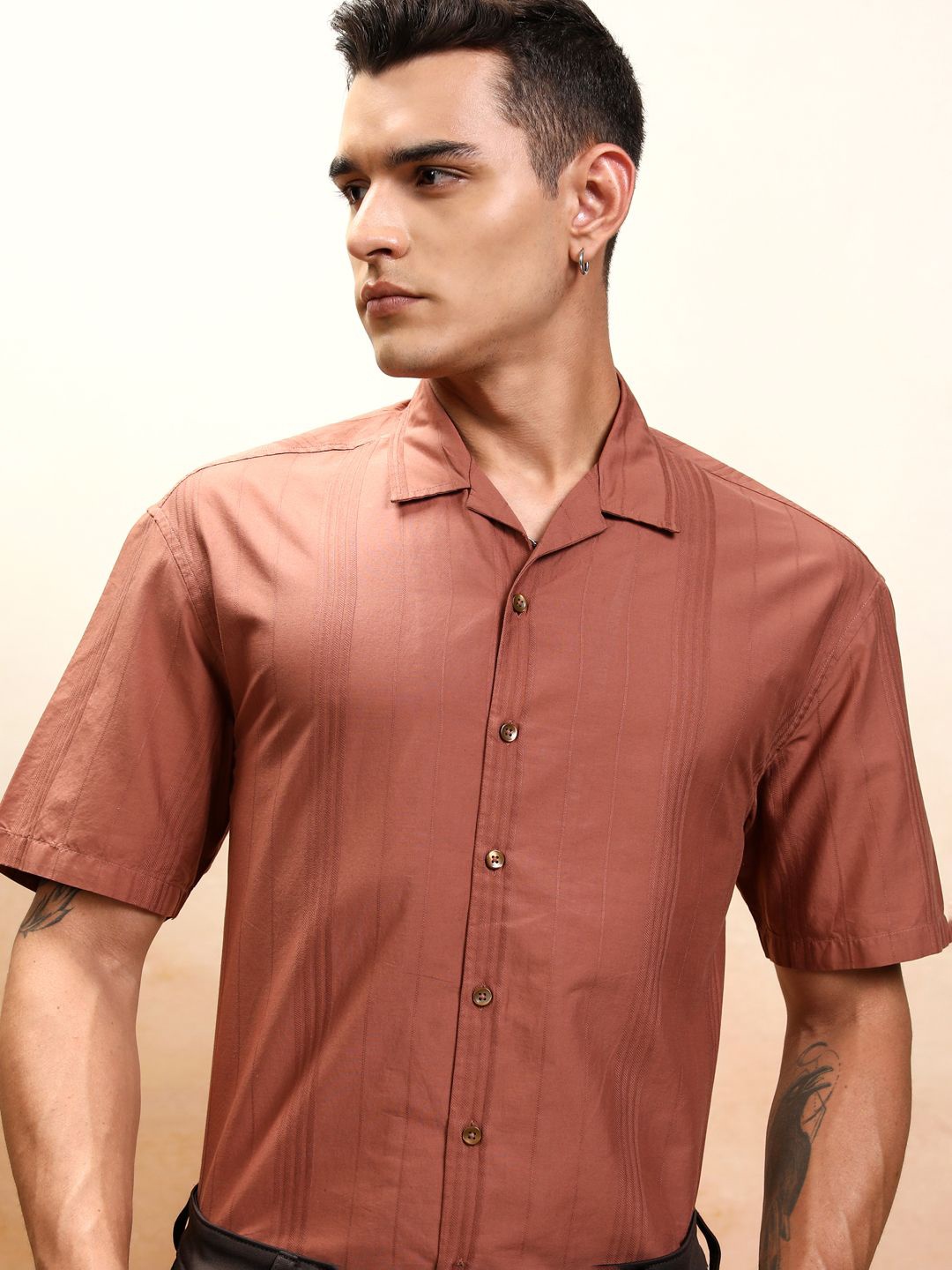 

Highlander Men Dobby Textured Striped Cuban Collar Oversized Shirt, Rust