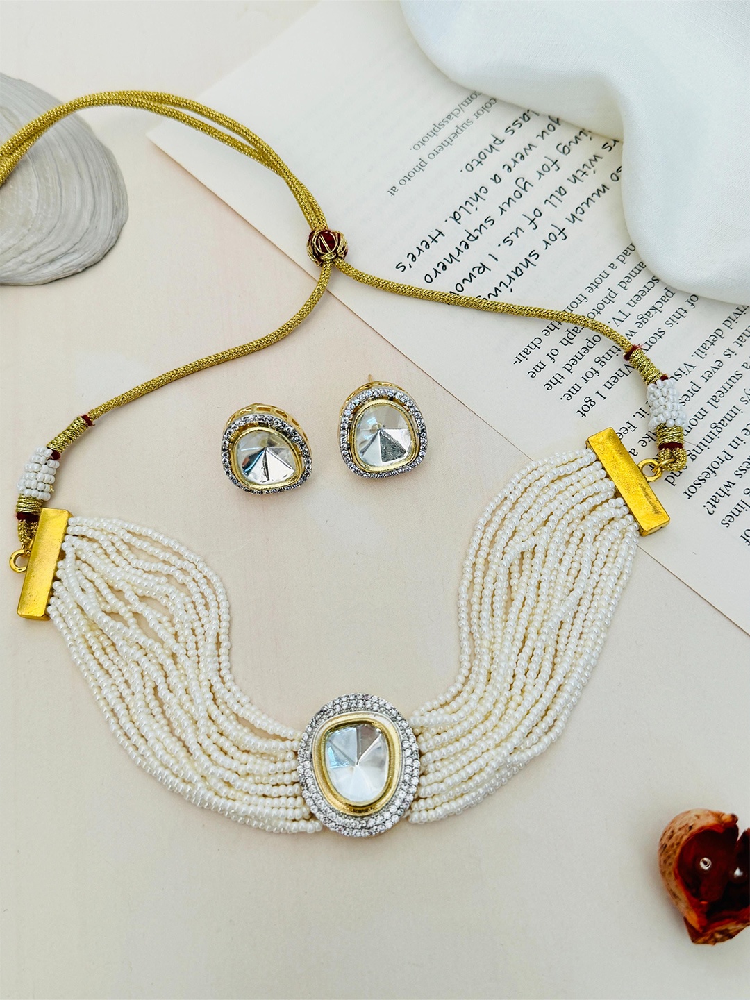 

ABDESIGNS Gold-Plated Polki American Diamond-Studded & Beaded Jewellery Set
