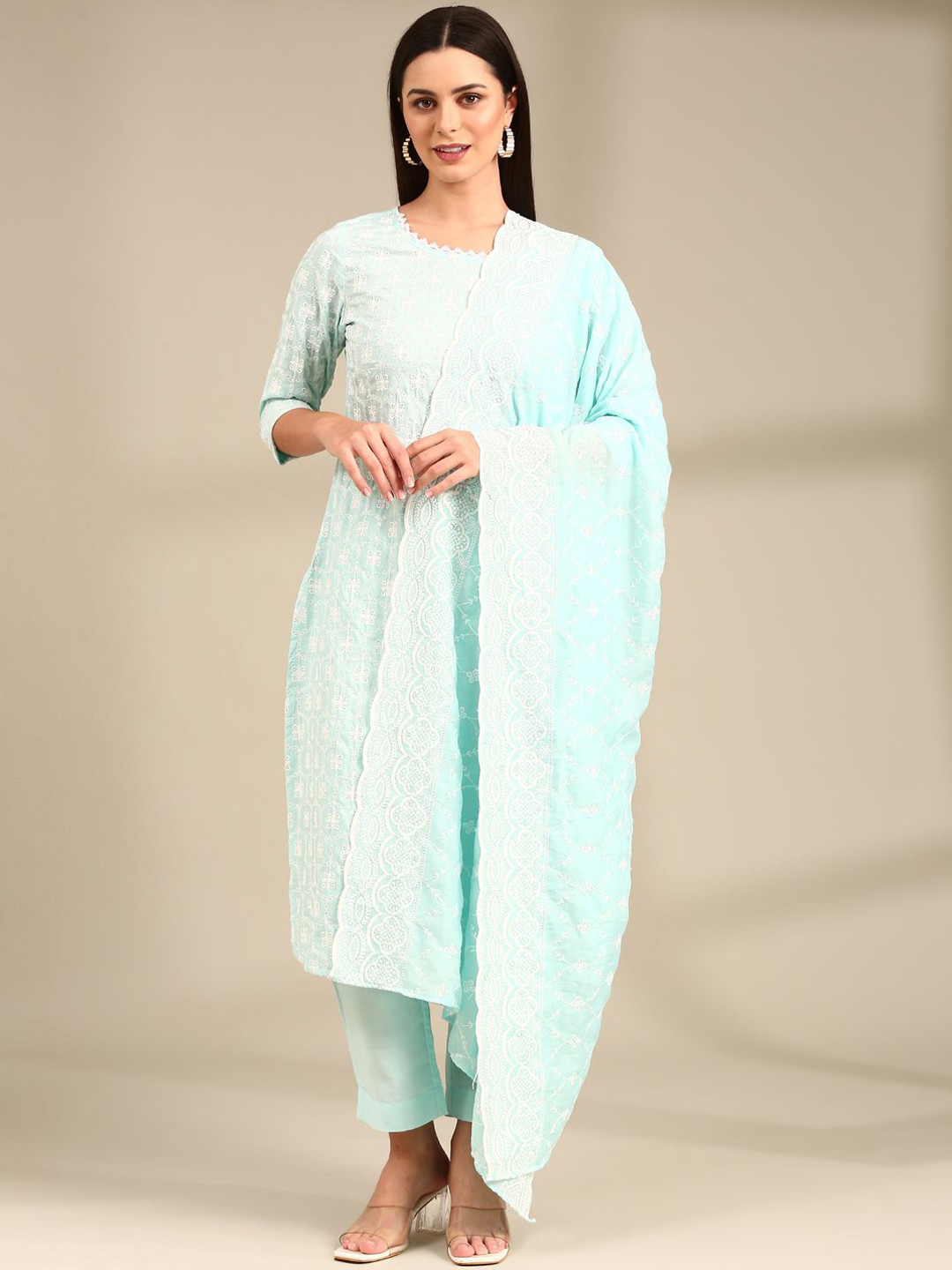 

Anouk Floral Embroidered Regular Pure Cotton Straight Kurta with Trousers & Dupatta, Blue