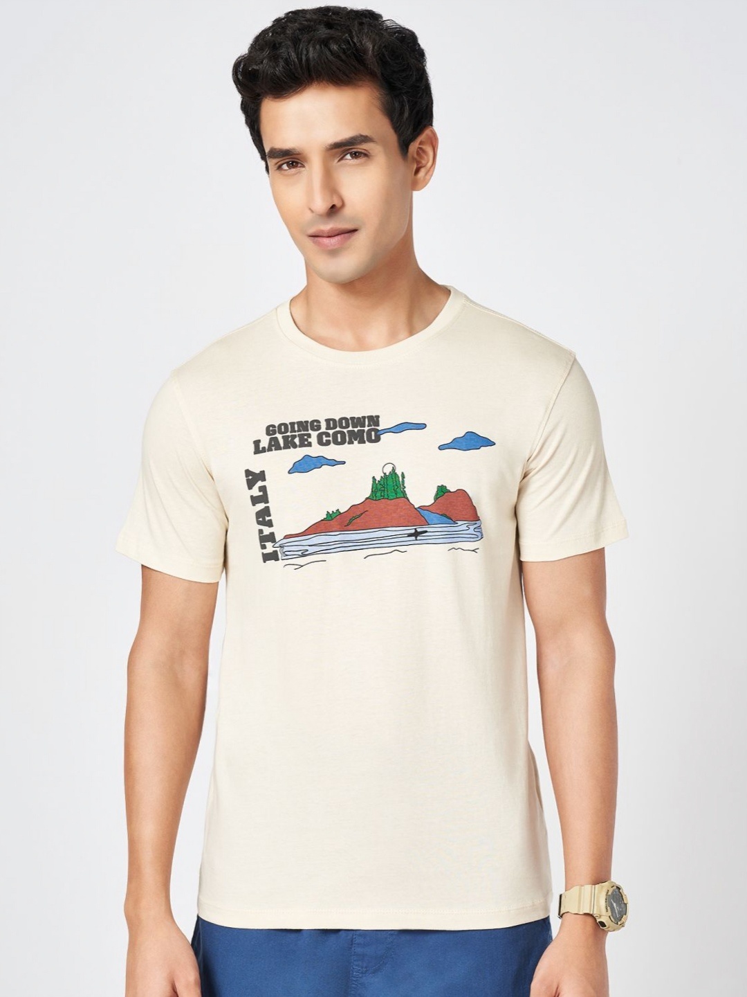 

Urban Ranger by pantaloons Men Graphic Printed Round Neck Cotton Slim Fit T-shirt, Beige