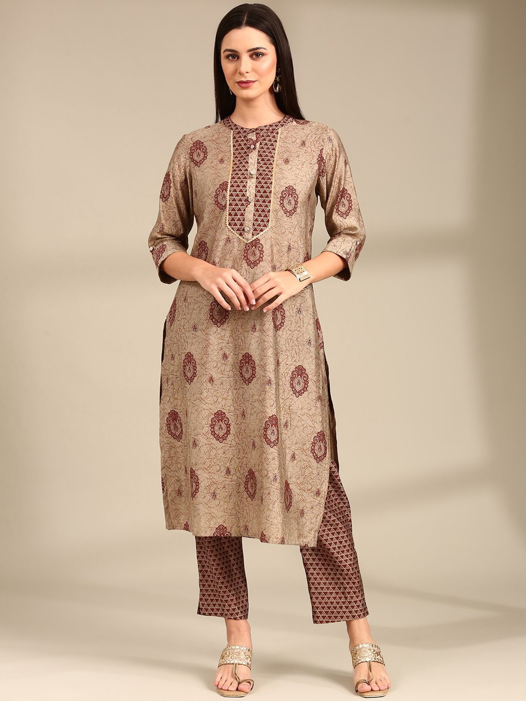 

Anouk Beige Ethnic Motifs Printed Band Collar Straight Kurta With Trouser