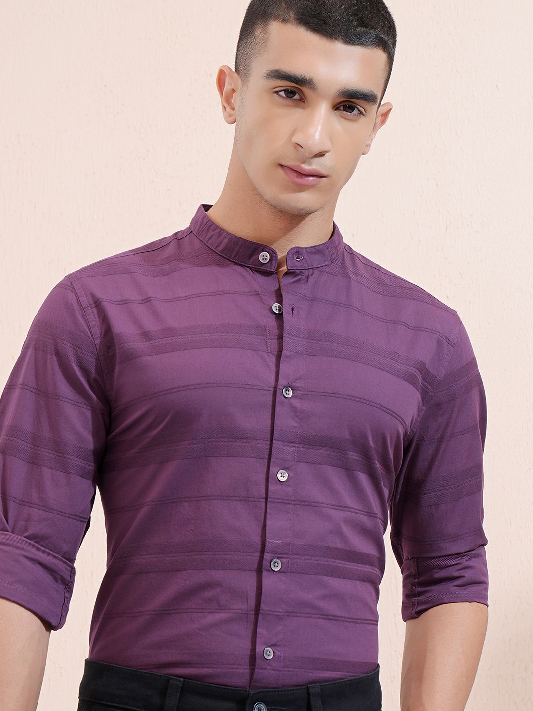 

Highlander Men Dobby Textured Striped Mandarin Collar Casual Shirt, Purple