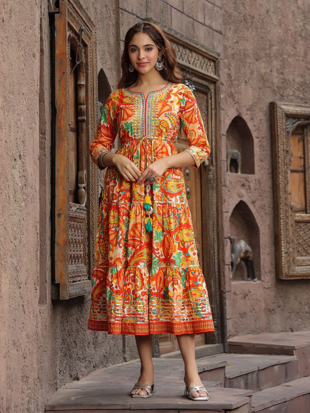 

Rain & Rainbow Ethnic Motifs Printed Pure Cotton Anarkali Ethnic Dress, Orange