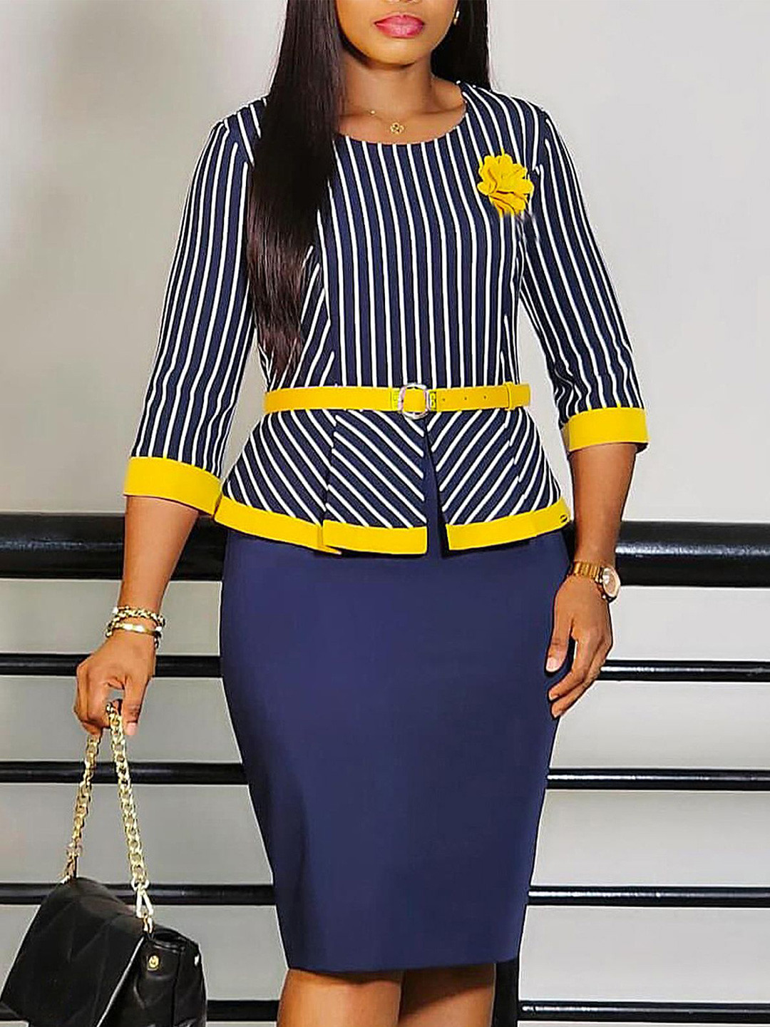 

LULU & SKY Women Striped Round Neck Sheath Dress, Navy blue