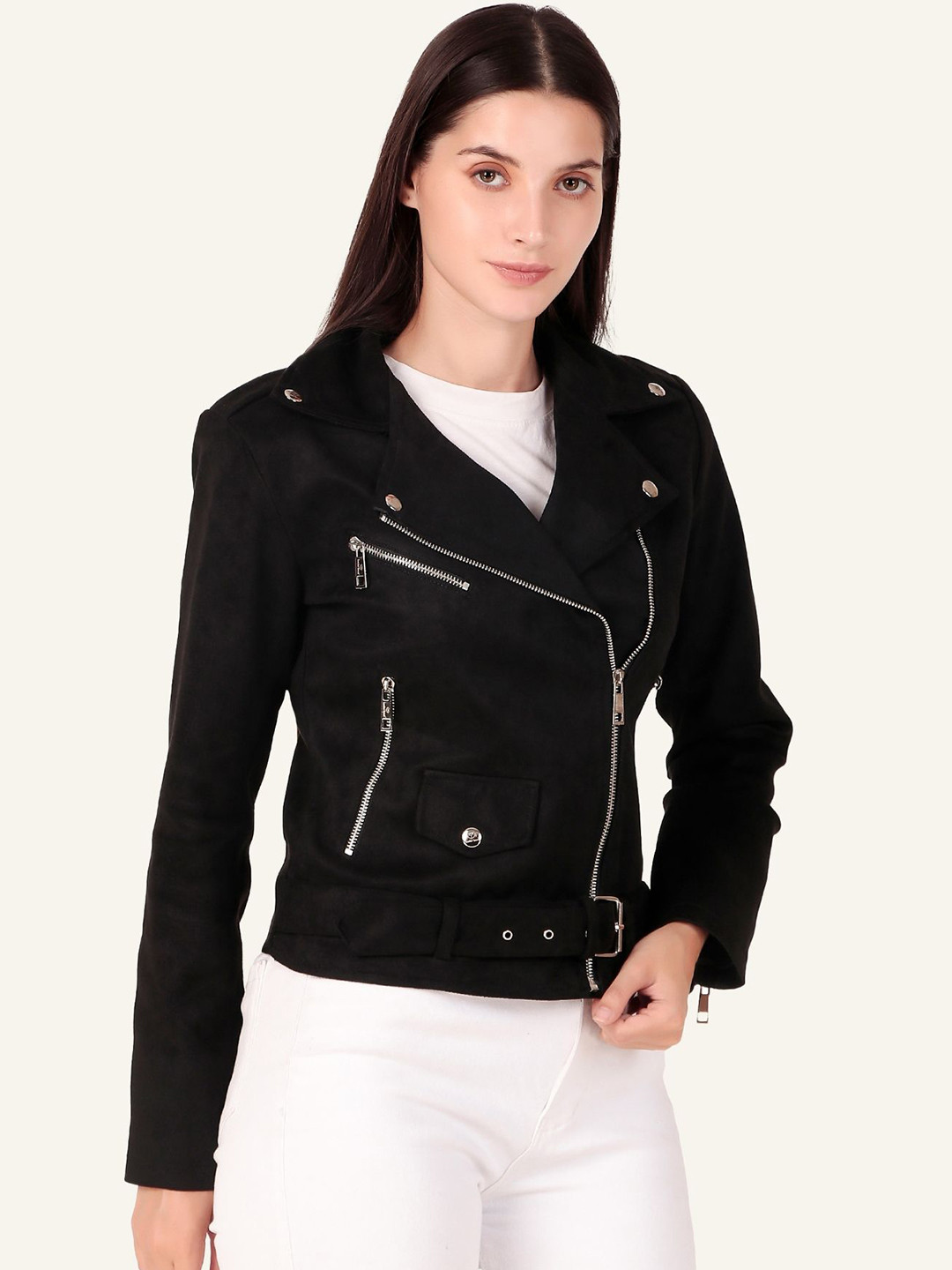 

Leather Retail Women Lapel Collar Solid Casual Biker Jacket, Black