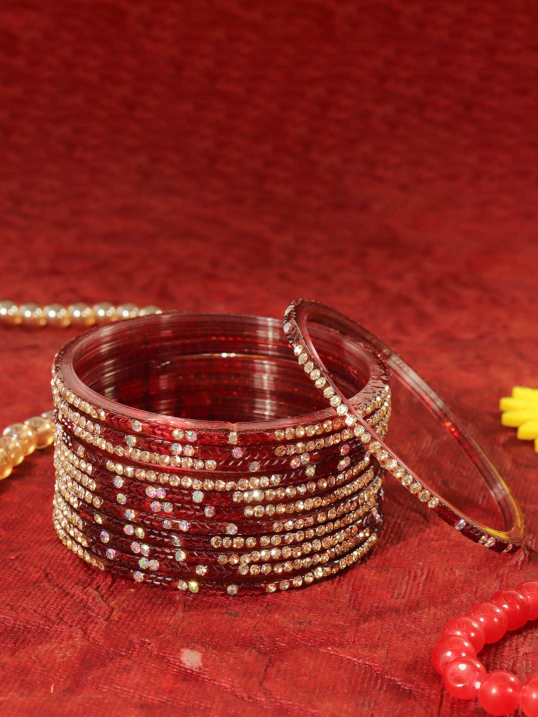 

LAVAZZA Set Of 12 Zircon Diamond Stone & Beads Studded Glass Bangles, Maroon