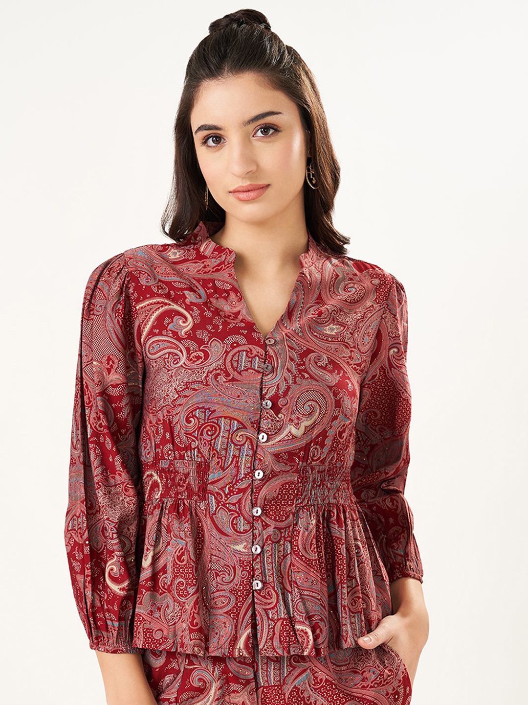 

AKKRITI BY PANTALOONS Women Printed Mandarin Collar Tunic, Red