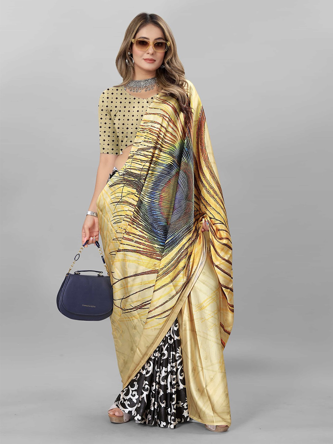 

V3 FASHION STUDIO Abstract Printed Satin Saree With Blouse Piece, Yellow