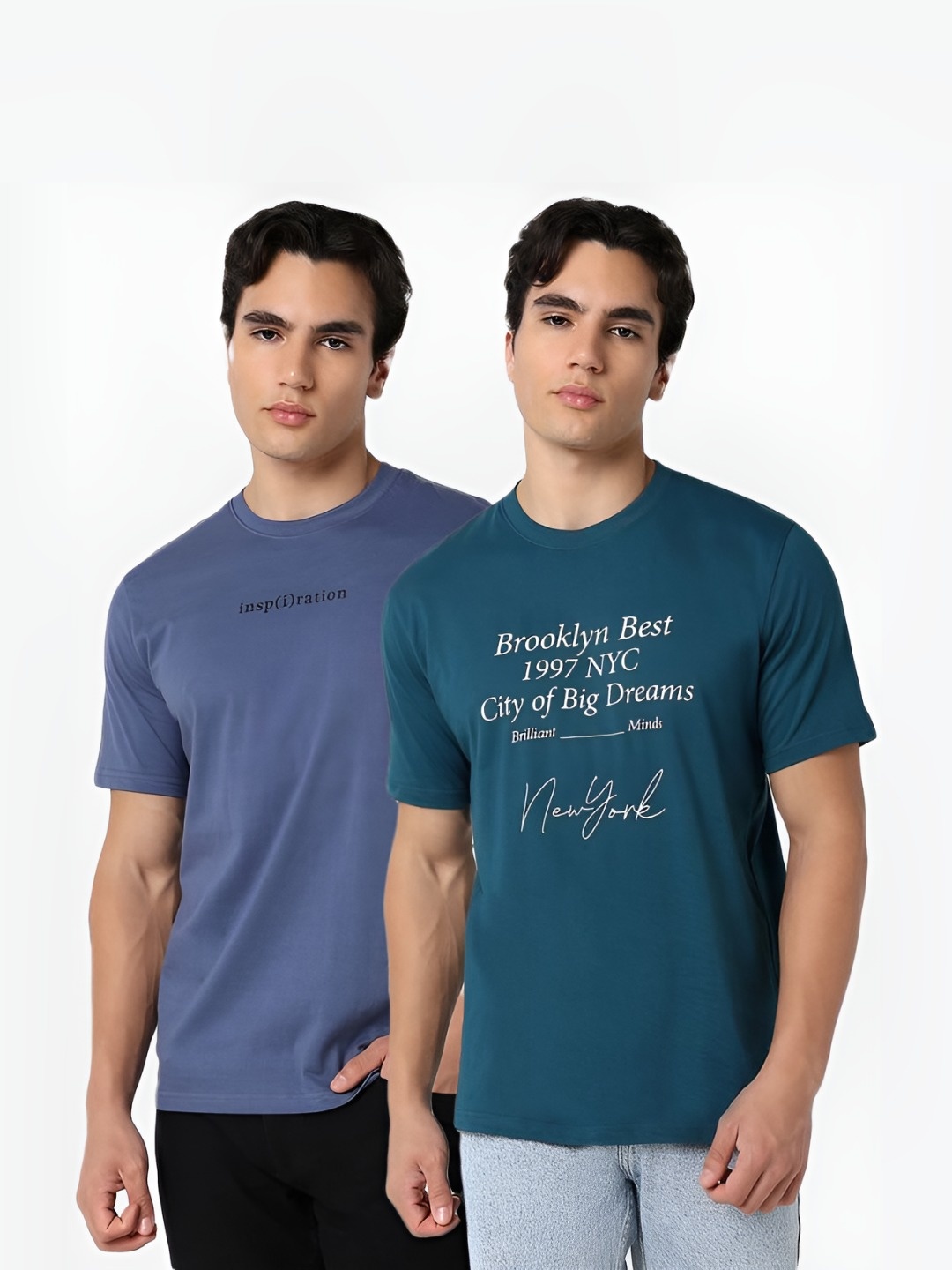 

R&B Men Pack Of 2 Typography Printed Round Neck Cotton T-shirts, Blue