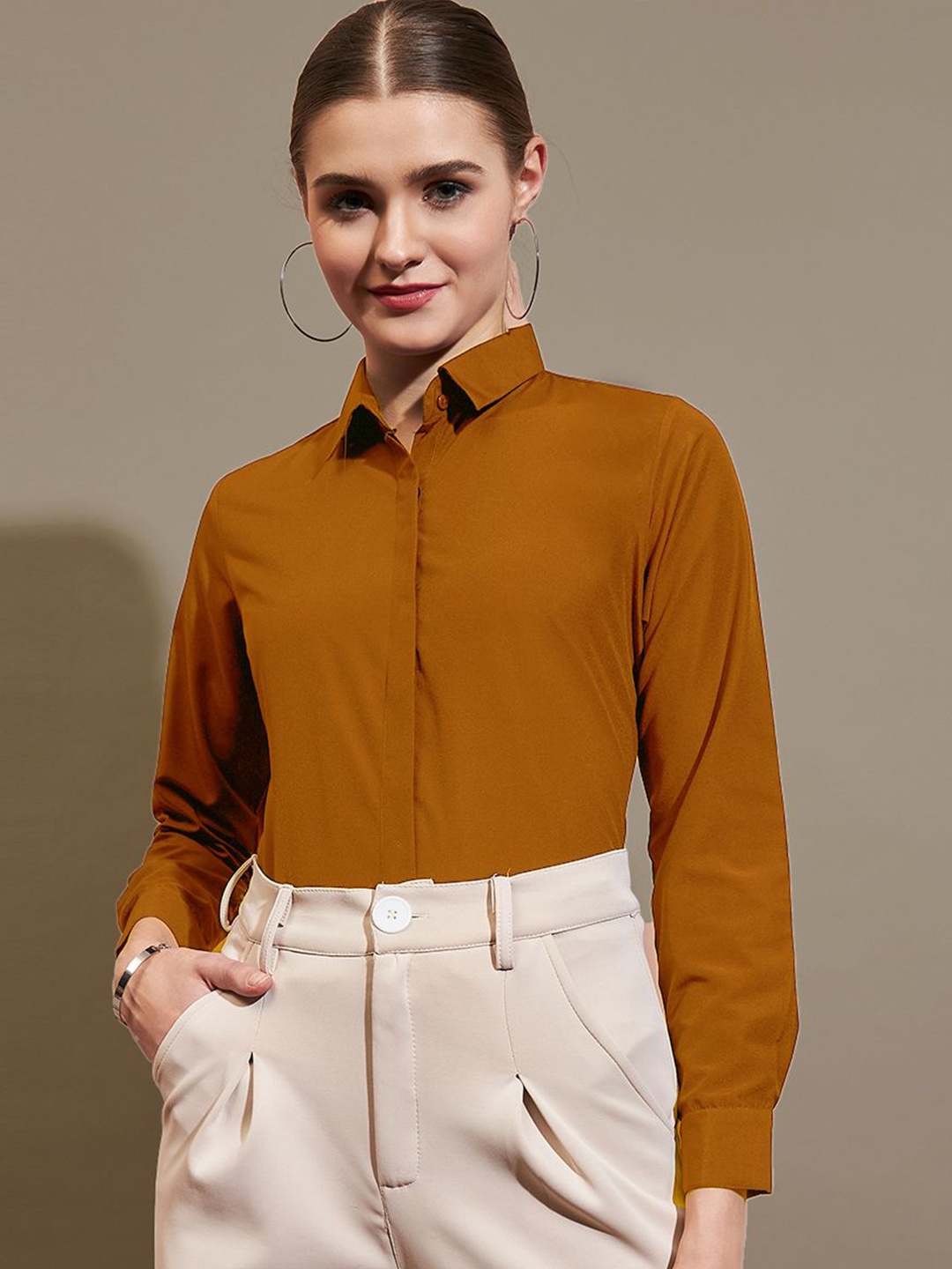 

The Roadster Lifestyle Co. Women Spread Collar Solid Slim Fit Formal Shirt, Mustard
