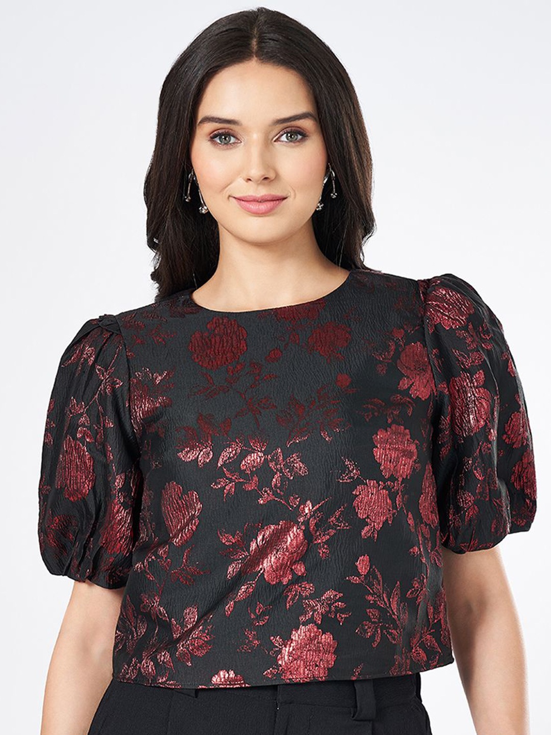 

Honey by Pantaloons Women Floral Printed Puff Sleeve Top, Black