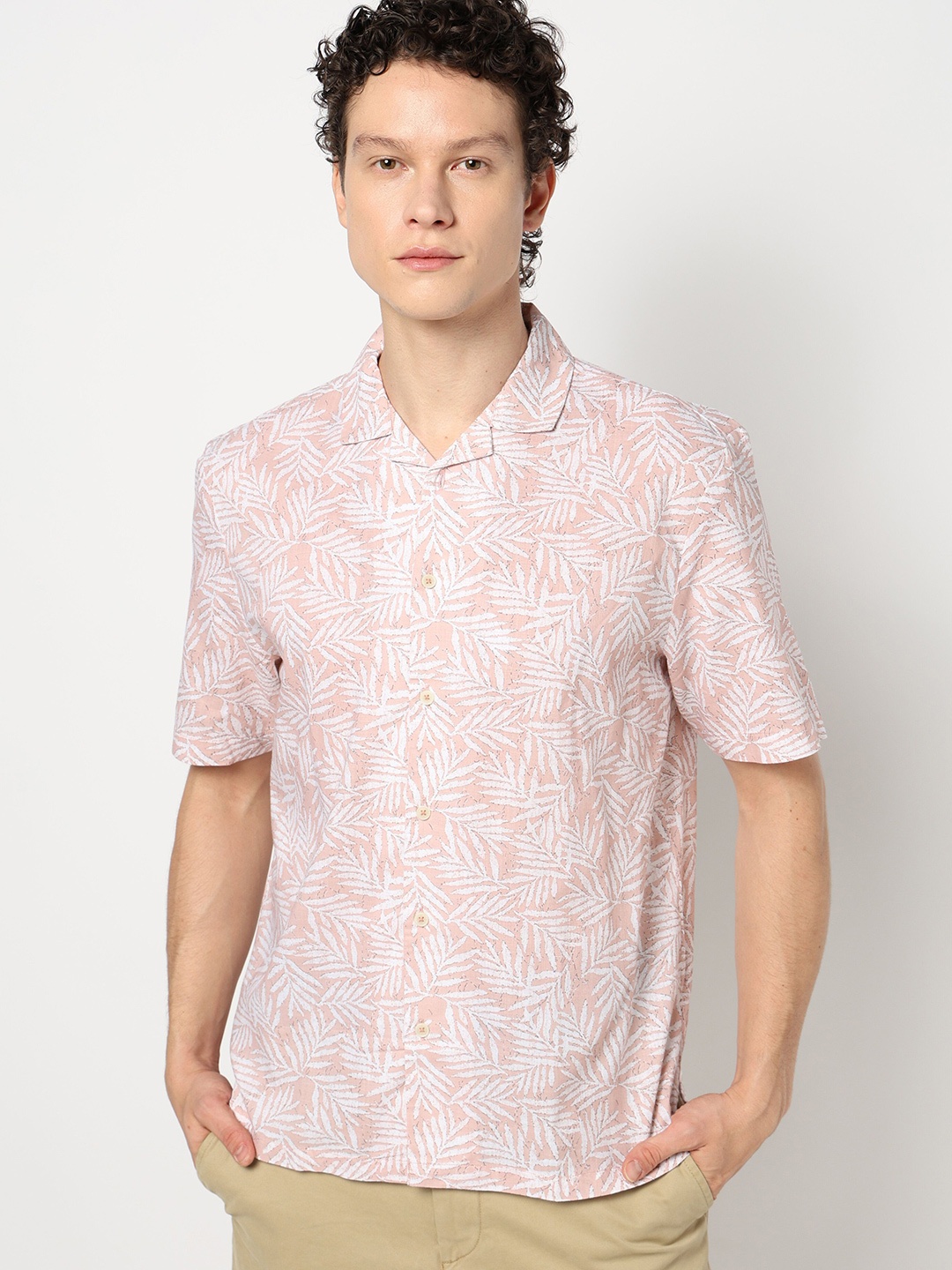 

Blue Buddha Men Comfort Cuban Collar Floral Printed Cotton Tailored Fit Casual Shirt, Pink