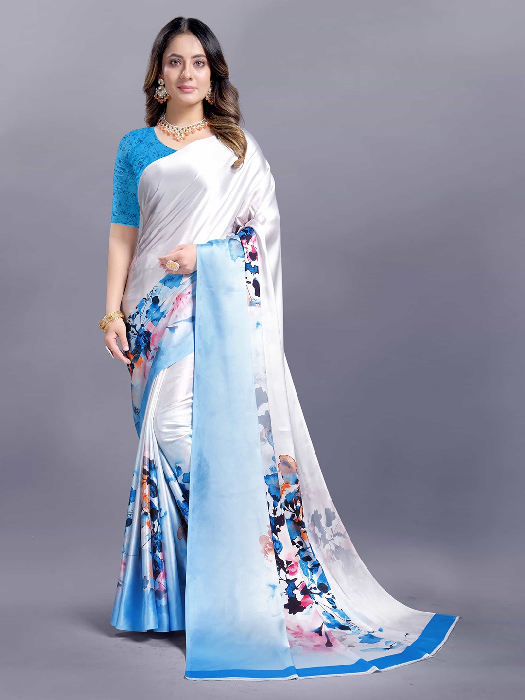 

V3 FASHION STUDIO Women Printed Ethnic Motifs Satin Saree, White