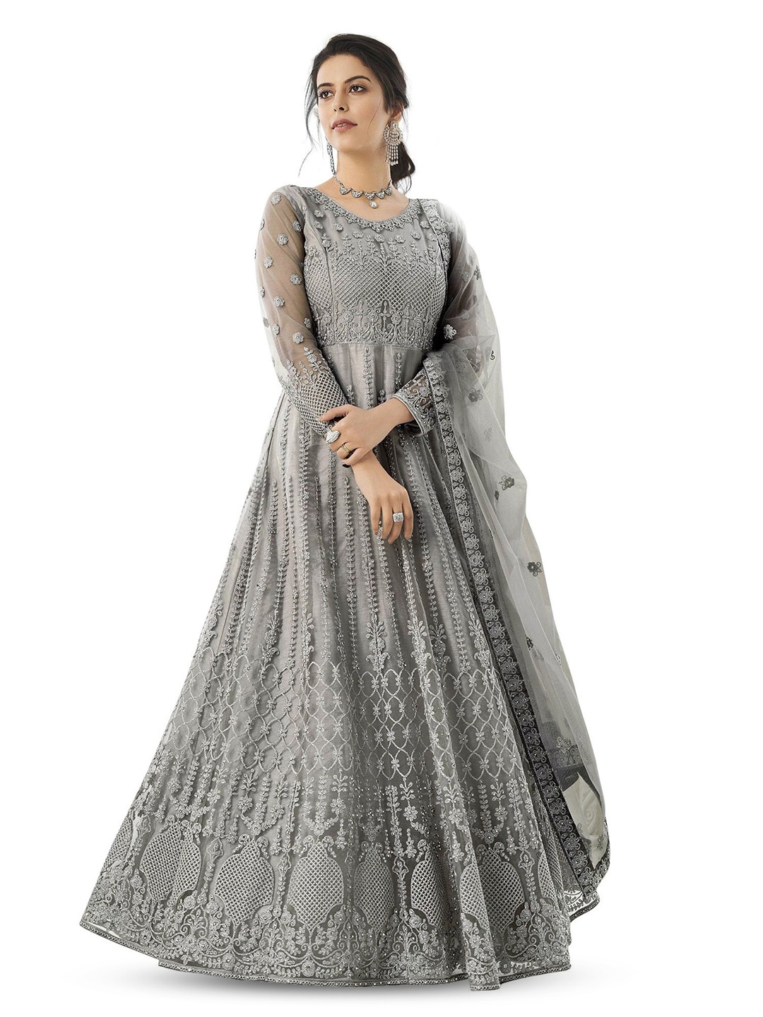 

JULEE Women Embellished Gown Ethnic Dress With Dupatta, Grey