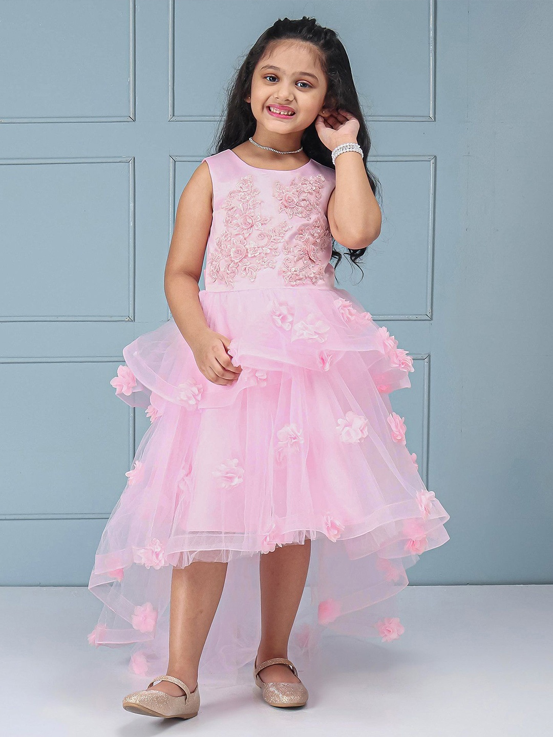 

Mark & Mia Girls Sleeveless Self Design Round Neck Dress, Pink