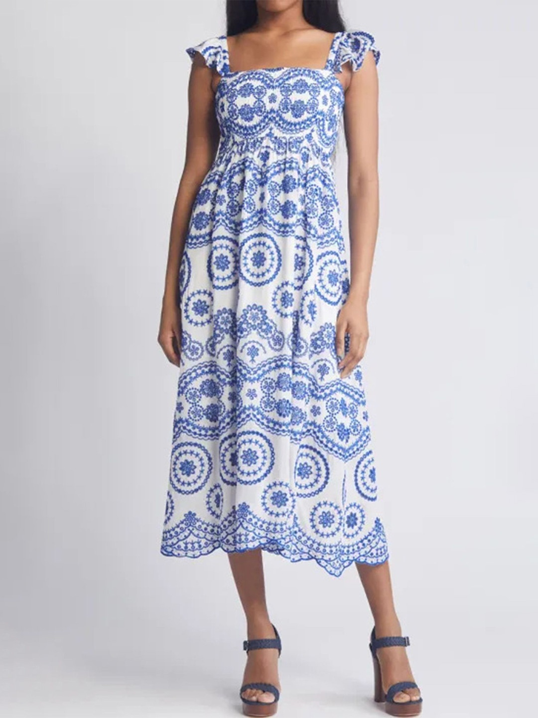 

LULU & SKY Ethnic Motifs Printed Flutter Sleeve A-Line Midi Dress, Blue
