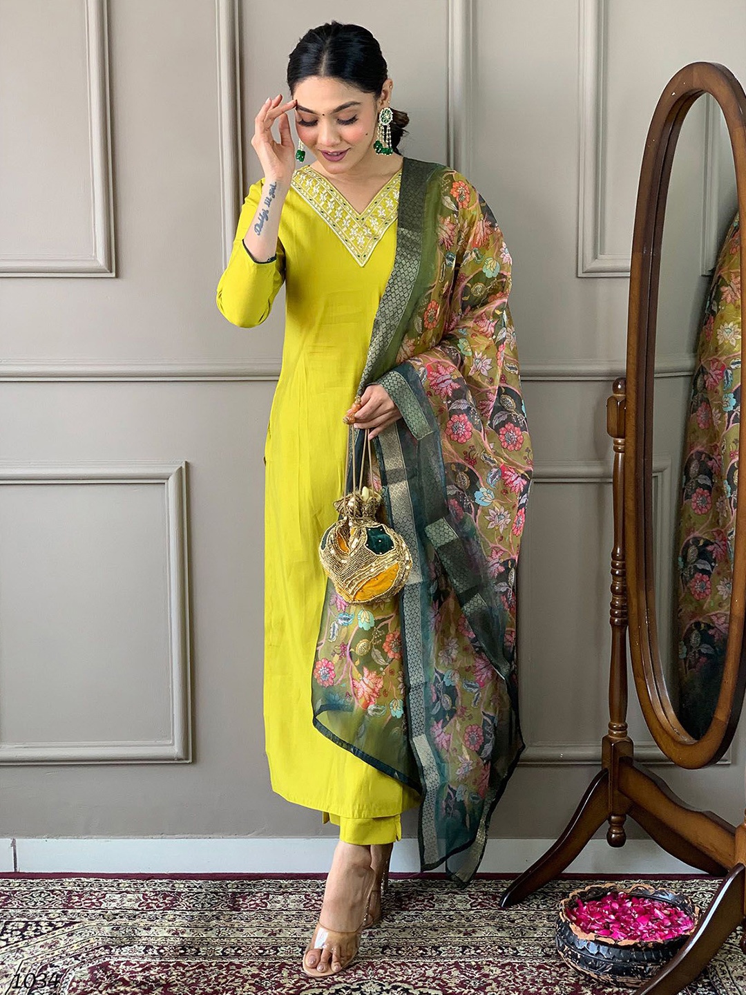 

ODETTE Floral Embroidered Sequinned Straight Kurta With Trouser & Dupatta, Yellow