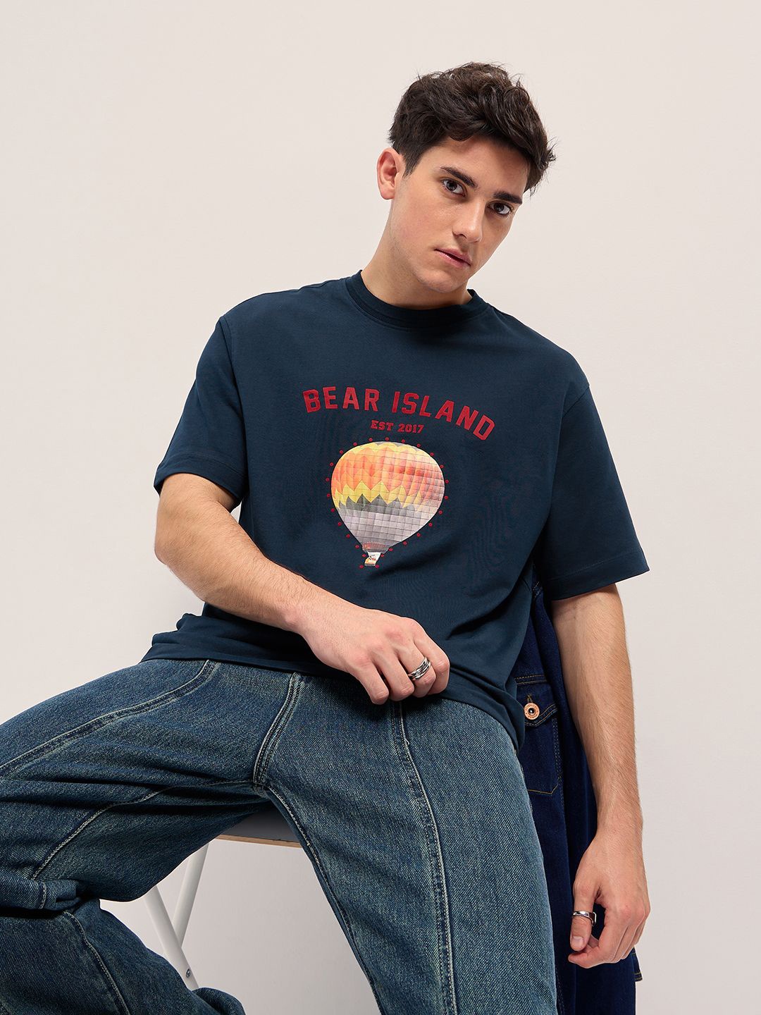 

THE BEAR HOUSE Men Graphic Printed Round Neck Cotton Oversized T-shirt, Navy blue