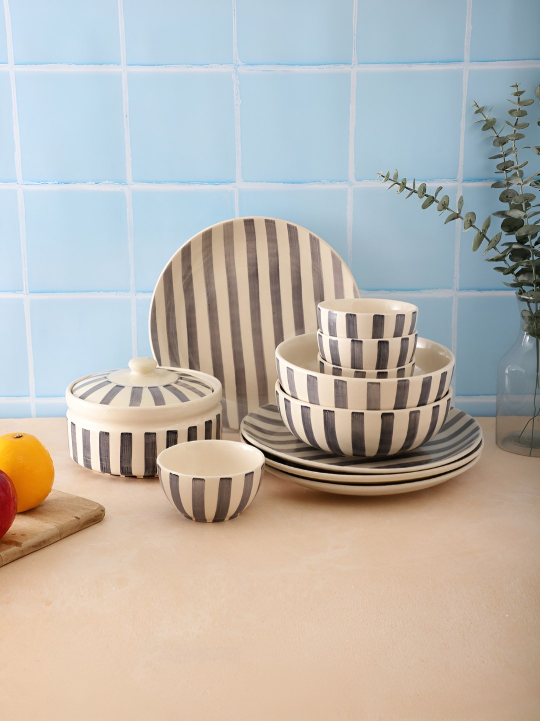 

VarEesha Grey 11 Pieces Striped Ceramic Dishwasher and Microwave Safe Dinner Set