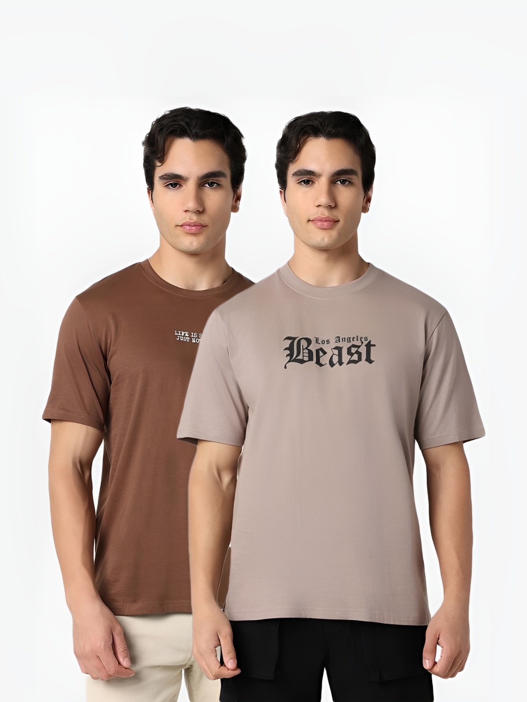 

R&B Men Pack Of 2 Typography Printed Round Neck Cotton T-shirts, Brown