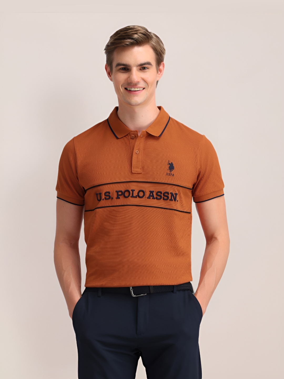 

U.S. Polo Assn. Men Typography Printed Polo Collar Cotton Slim Fit T-shirt, Rust